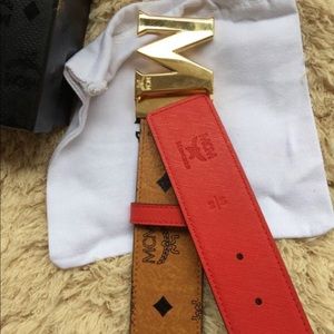 MCM Belt Reversible Red/Tan With Gold Buckle